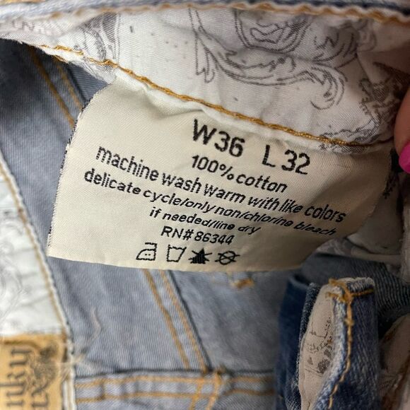 Franky Max Boot Cut Leather Patch & Studs Light Wash 36X31 Jeans - Picture 7 of 8